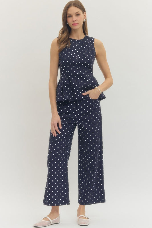 NAVY POLKA DOT SLEEVELESS PEPLUM TOP WITH MATCHING PANTS