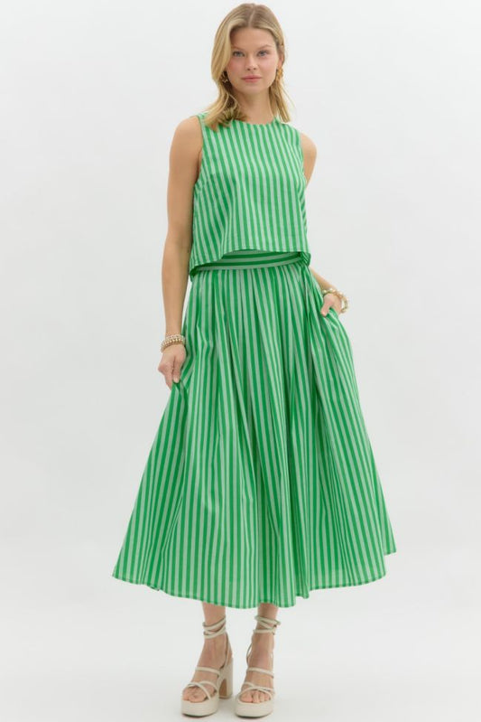 GREEN STRIPE 2PC HIGH WAIST MIDI SKIRT & BLOUSE SET