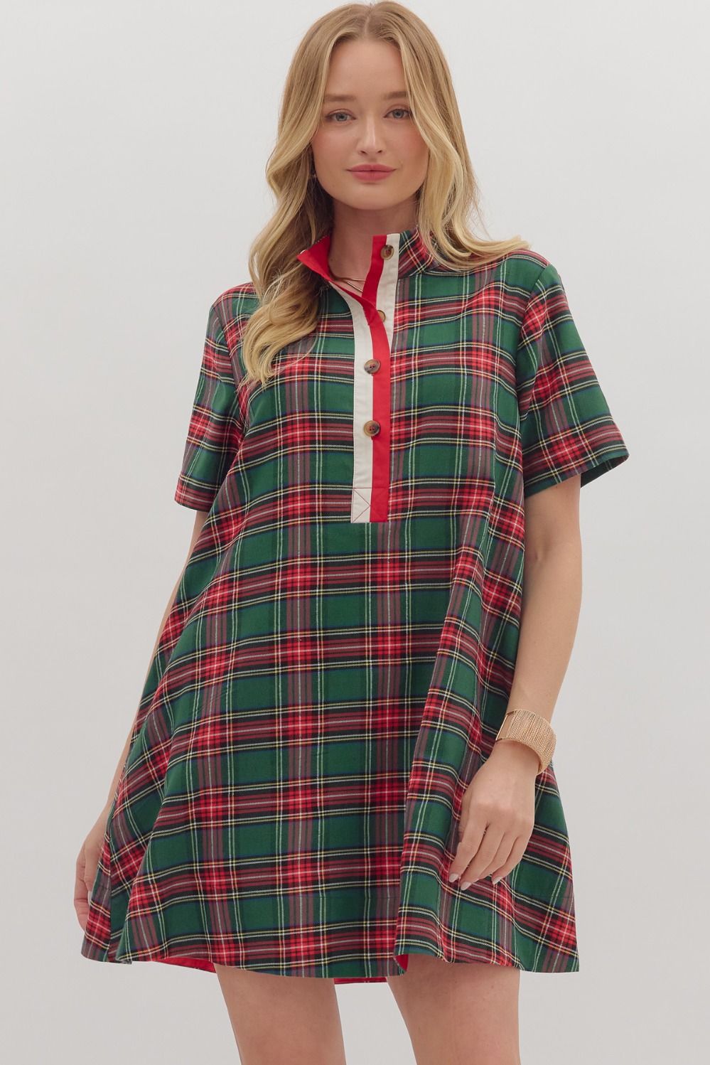 GREEN PLAID SHORT SLEEVE MINI DRESS W/CONTRAST TRIM