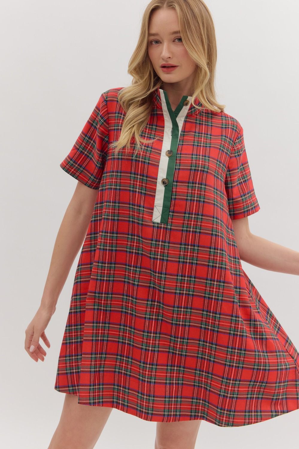 RED PLAID SHORT SLEEVE MINI DRESS W/CONTRAST TRIM