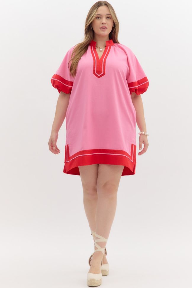 PINK DRESS W/RED CONTRAST ACCENTS AND LANTERN SLEEVES