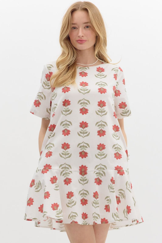 CREAM FLORAL PRINT SHORT SLEEVE RUFFLE HEM MINI DRESS