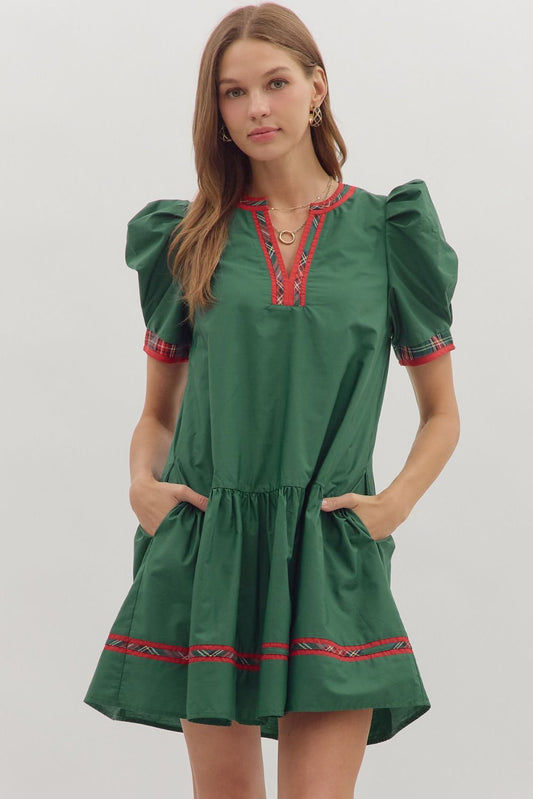 GREEN MINI DRESS WITH PLAID TRIM
