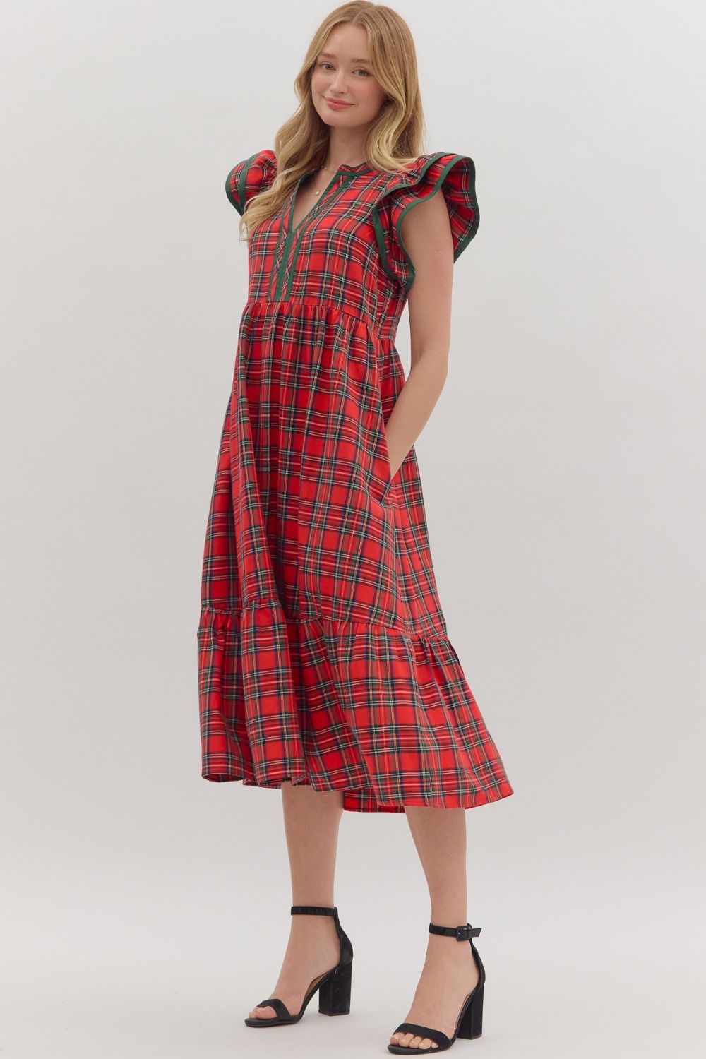 RED PLAID FLUTTER SLEEVE DRESS