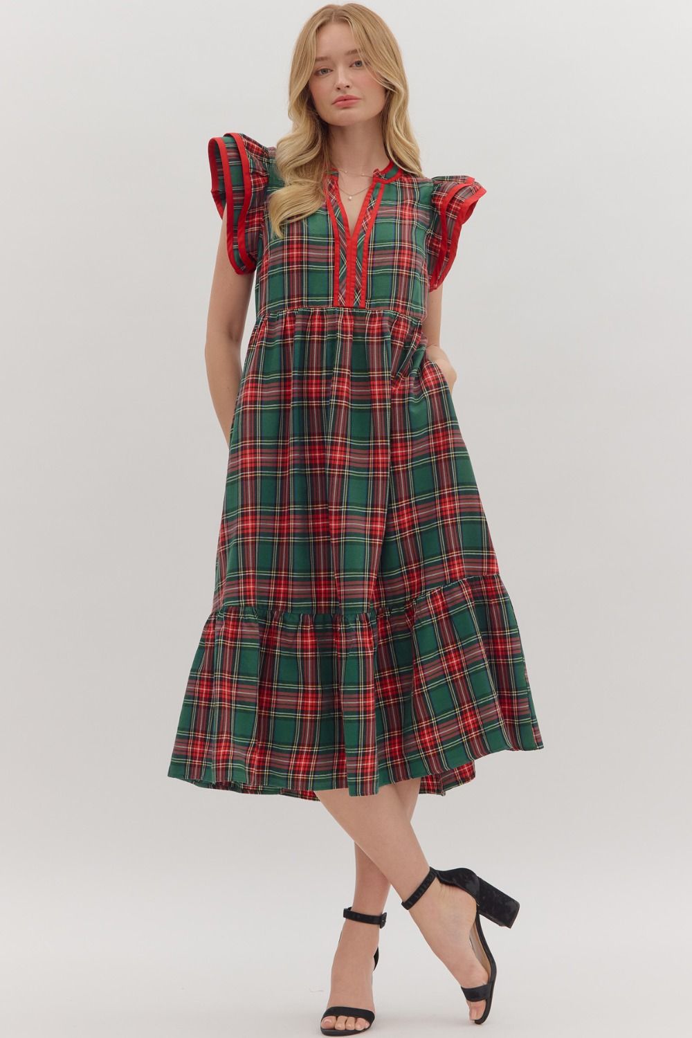 GREEN PLAID FLUTTER SLEEVE DRESS