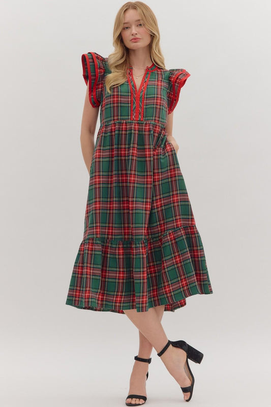 GREEN PLAID FLUTTER SLEEVE DRESS