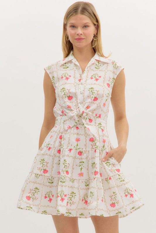 CREAM FLORAL PRINT SLEEVELESS MINI DRESS