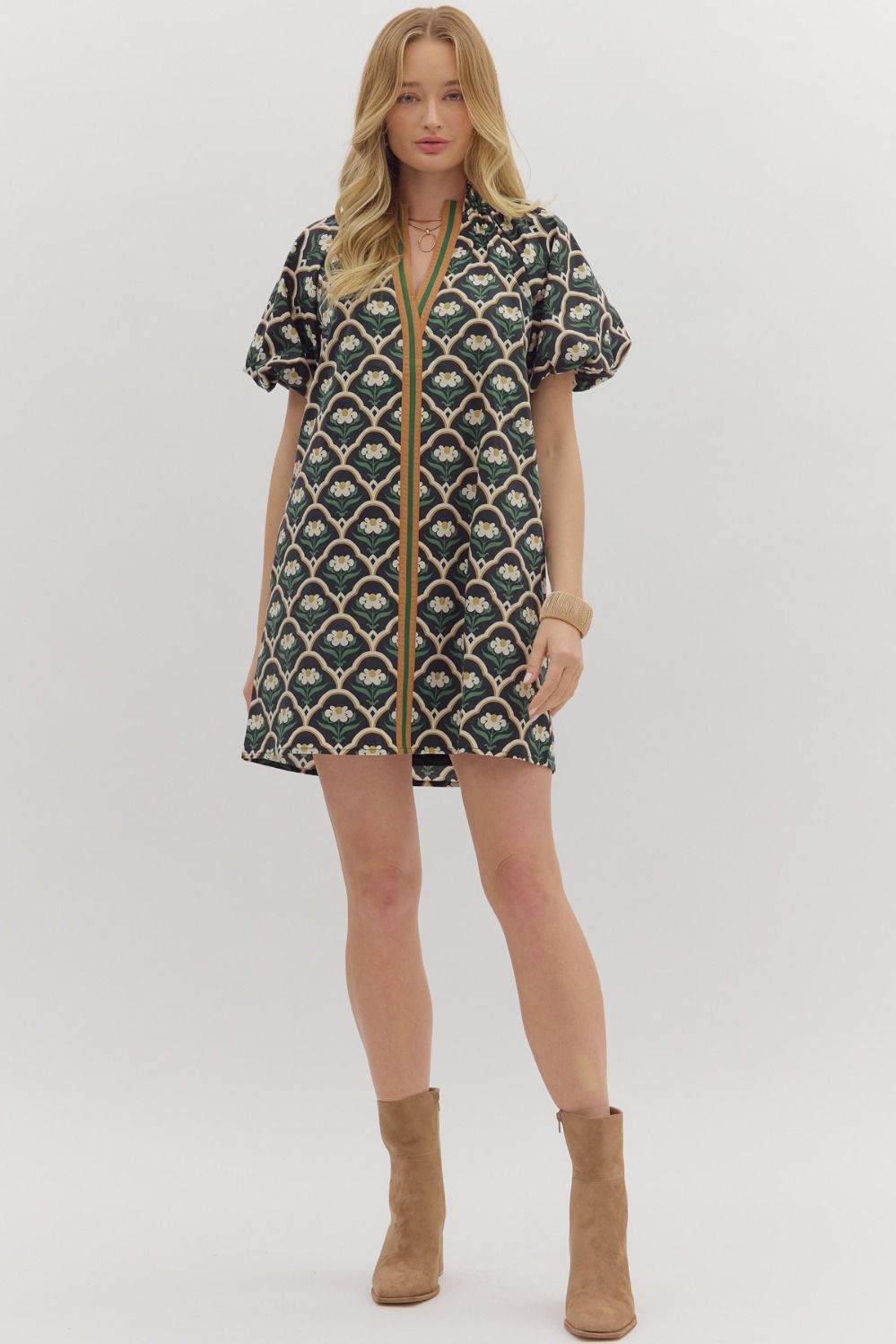 BLACK WITH GREEN, TAN AND CREAM FLORAL DRESS