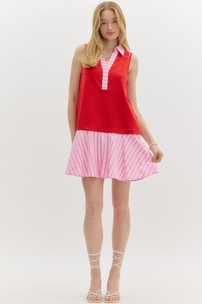 RED SLEEVELESS MINI DRESS WITH STRIPE CONTRAST COLLAR AND SKIRT