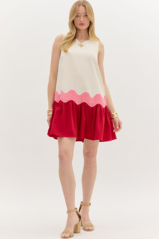 CREAM/PINK/RED COLORBLOCK DRESS W/OVERSIZED RIC RAC TRIM