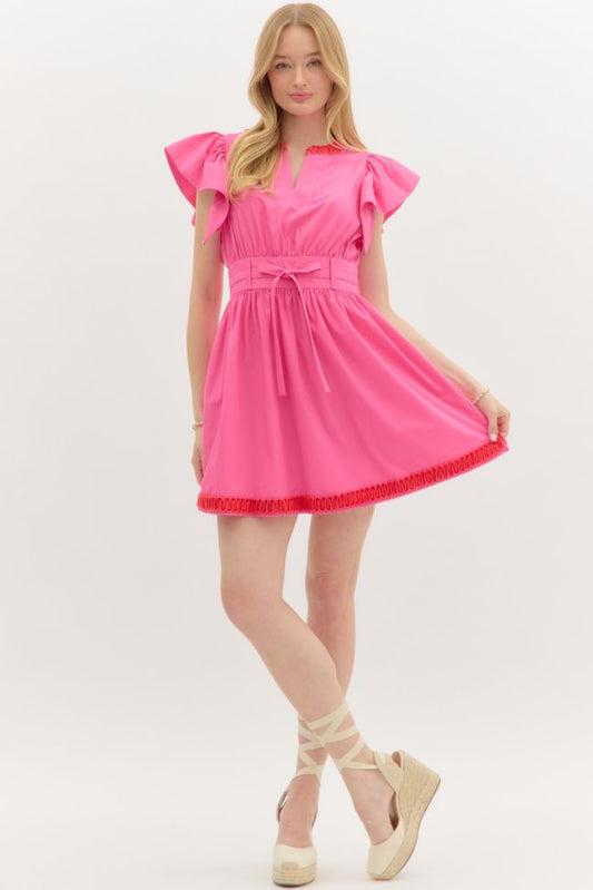 HOT PINK FLUTTER SLEEVE DRESS WITH RED WAVE PATTERN APPLIQUE TRIM