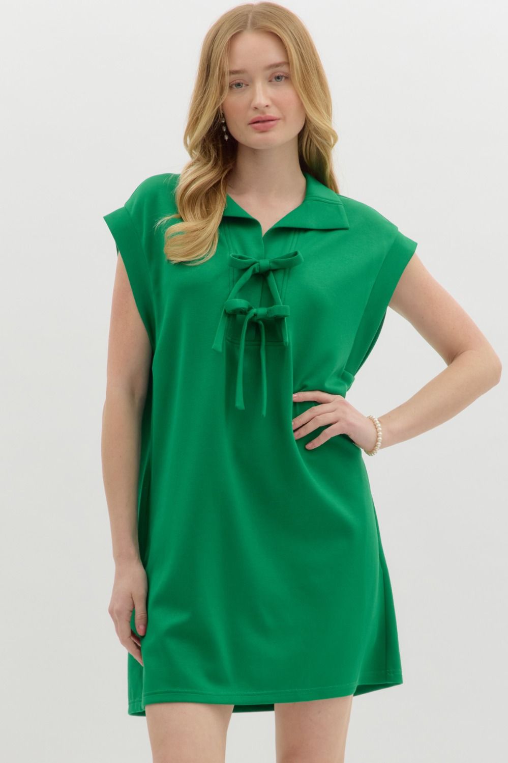 GREEN JERSEY KNIT MINI DRESS WITH BOW CLOSURE ON FRONT
