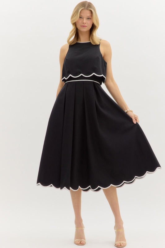 BLACK SLEEVELESS MIDI DRESS W/SCALLOPED EMBROIDERED HEM