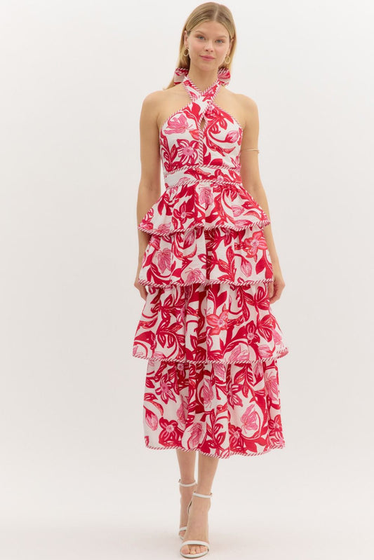 RED PAISLEY PRINT TIERED BOW TIE HALTER MIDI DRESS