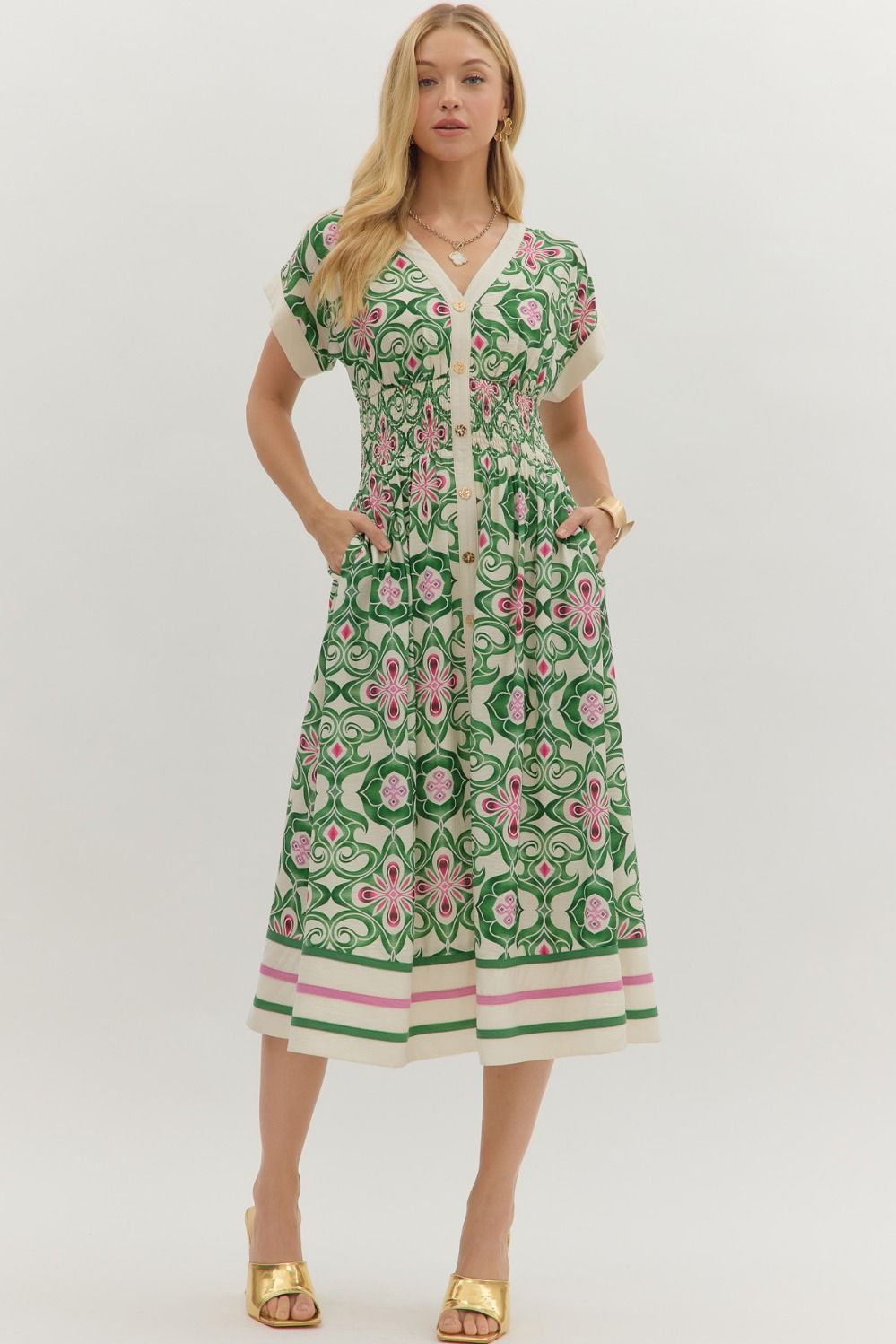 PINE AND PINK FLORAL MIDI DRESS