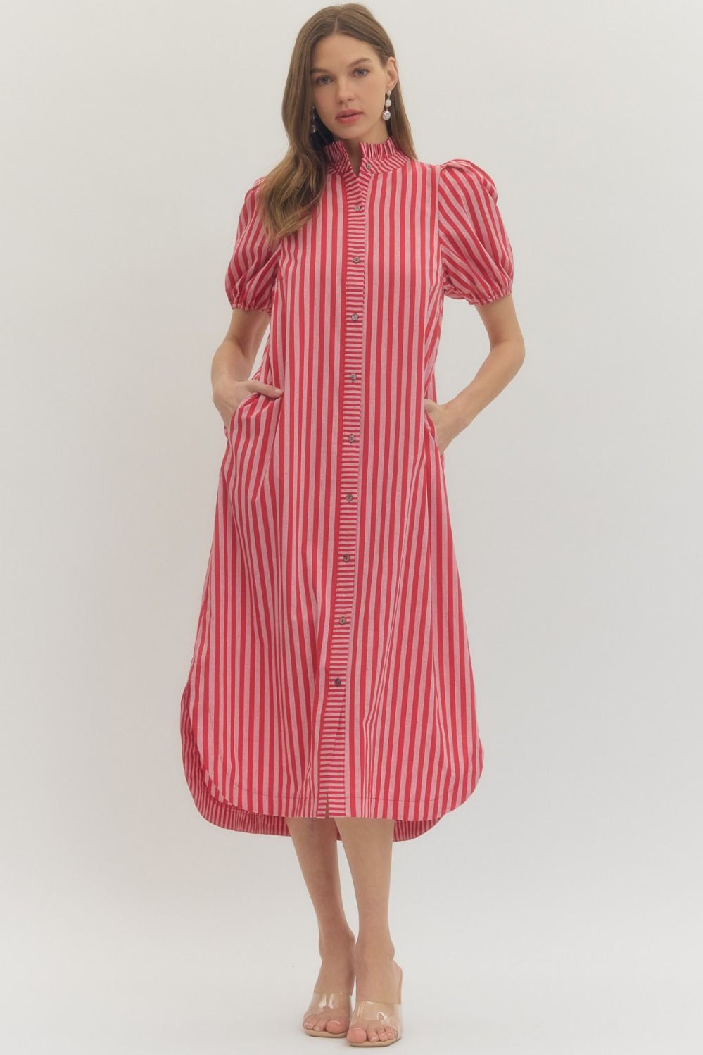 STRIPED PUFF SLEEVE MIDI DRESS - Pharm Favorites by Economy Pharmacy