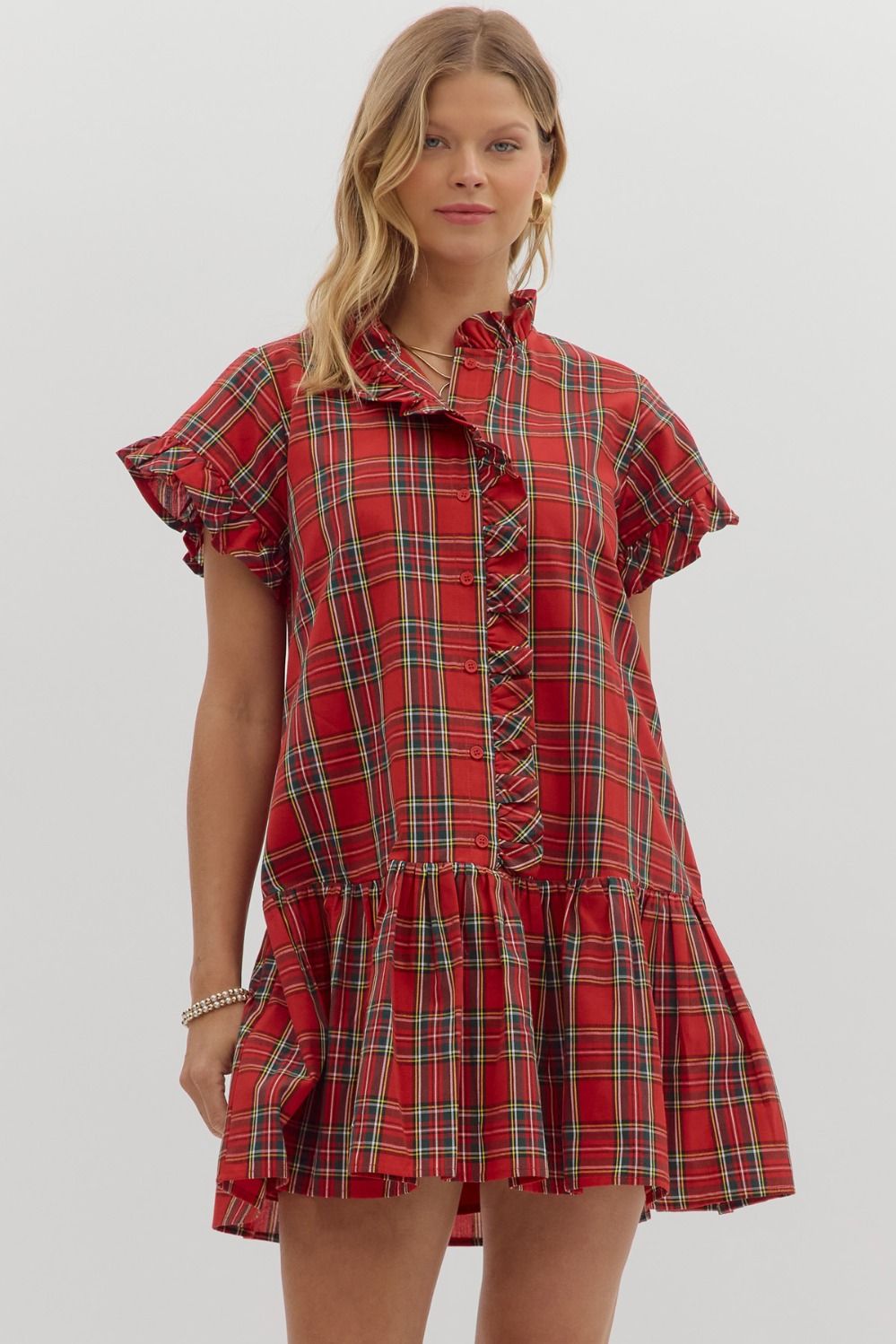 RED PLAID RUFFLE ACCENT HEM BUTTON FRONT MINI DRESS