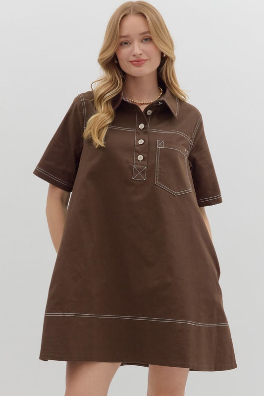 BROWN SWING DRESS WITH WHITE STITCHING