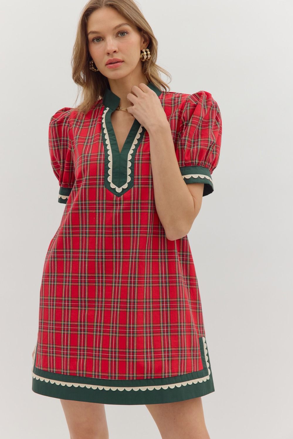 RED PLAID PATTERN PUFF SLEEVE MINI DRESS W/GREEN CONTRAST ACCENT TRIM