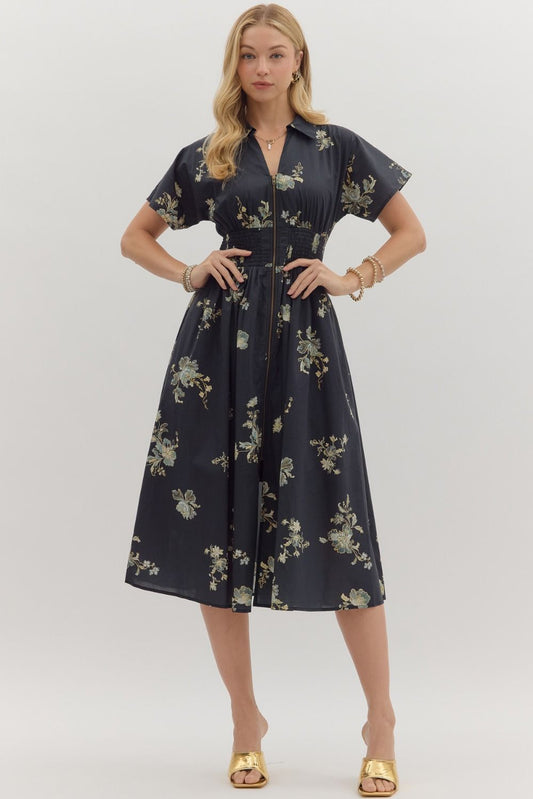 BLACK FORAL PRINT FRONT ZIP MIDI DRESS