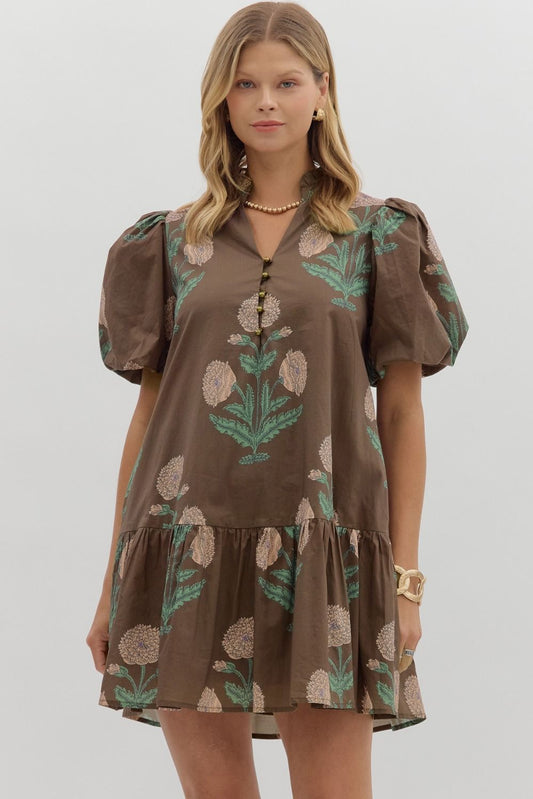 BROWN FLORAL SHORT BUBBLE SLEEVE RUFLE HEM MINI DRESS