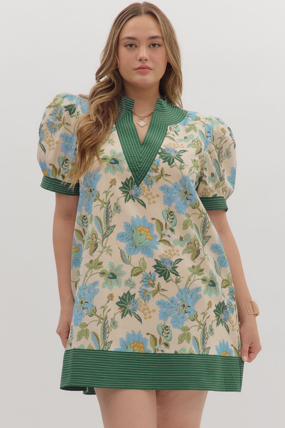 ECRU FLORAL PRINT PUFF SLEVE MINI DRESS W/GREEN CONTRAST TRIM - Pharm Favorites by Economy Pharmacy