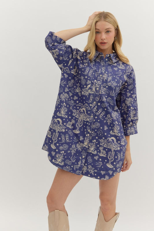 DENIM COLOR MULTI WESTERN PRINT SHIRT DRESS