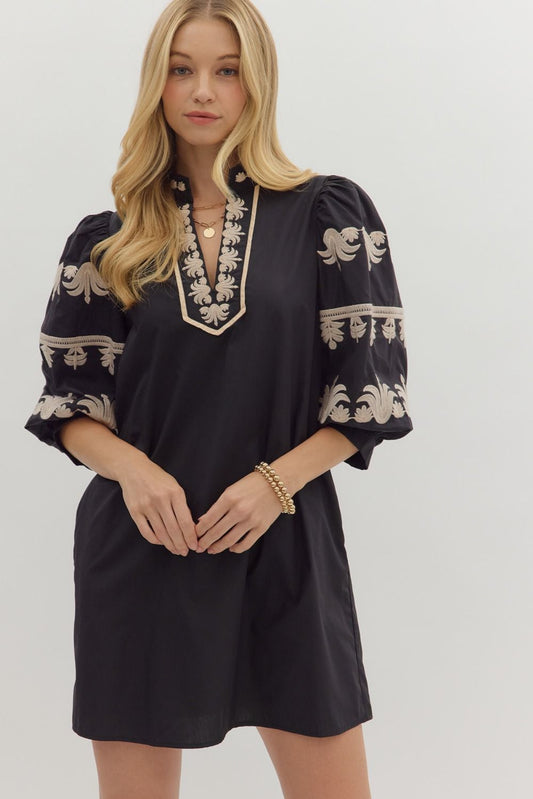 BLACK ELBOW LENGTH MINI DRESS WITH TAN FLORAL