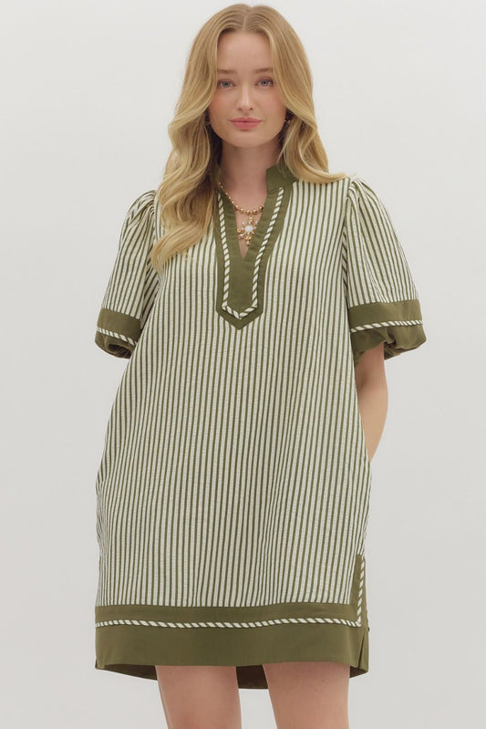 OLIVE STRIPE LANTERN SLEEVE MINI DRESS W/CONTRAST TRIM