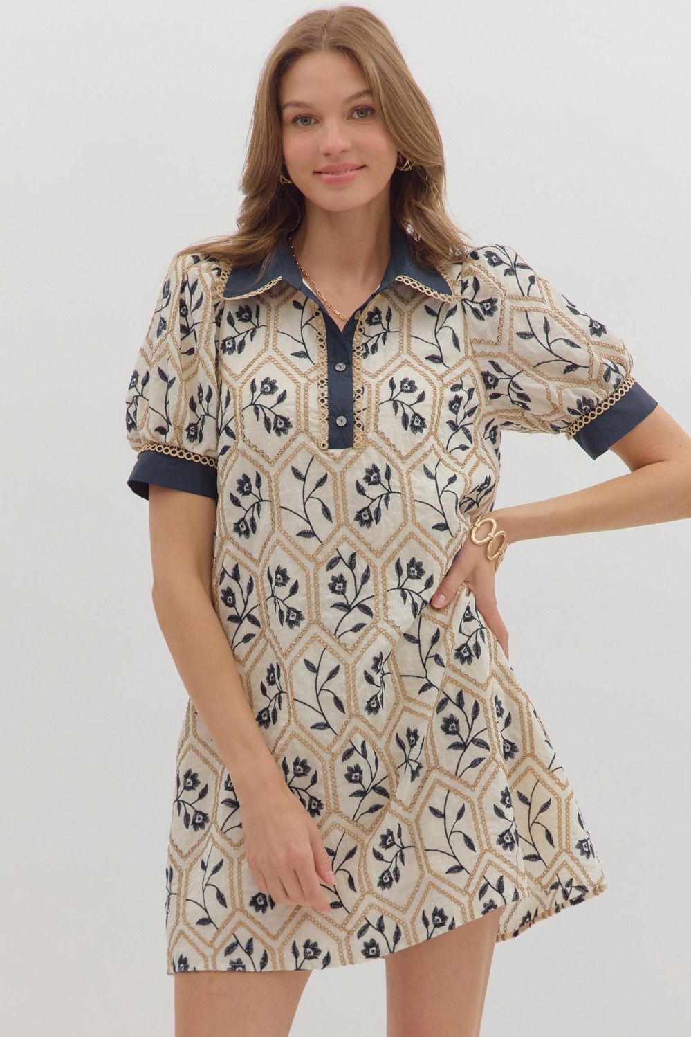 CREAM FLORAL EMBROIDERED MINI DRESS W/CONTRAST TRIM