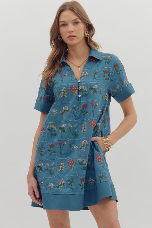 BLUE FLORAL EMBROIDERED MINI DRESS