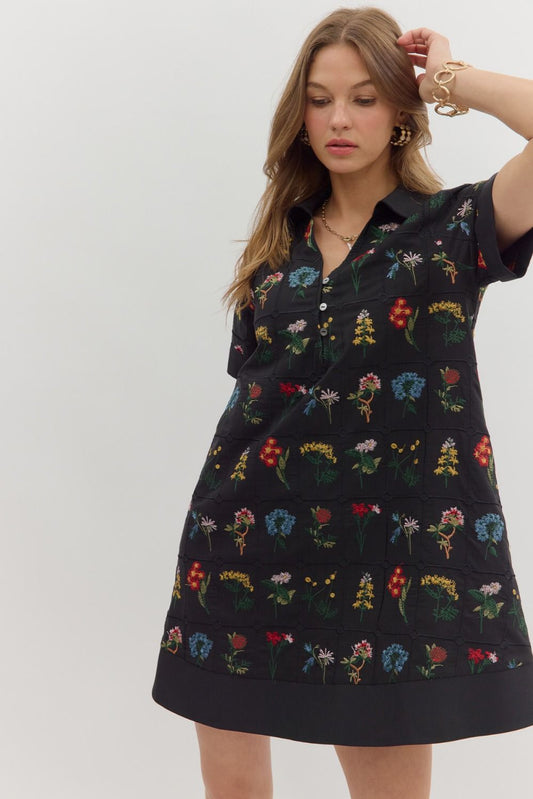 BLACK FLORAL EMBROIDERED MINI DRESS