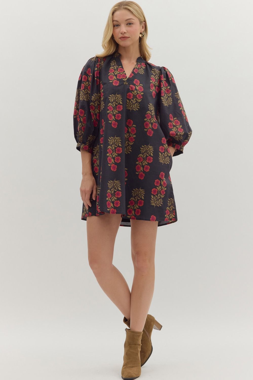 BLACK FLORAL VNECK PUFF SLEEVE MINI DRESS