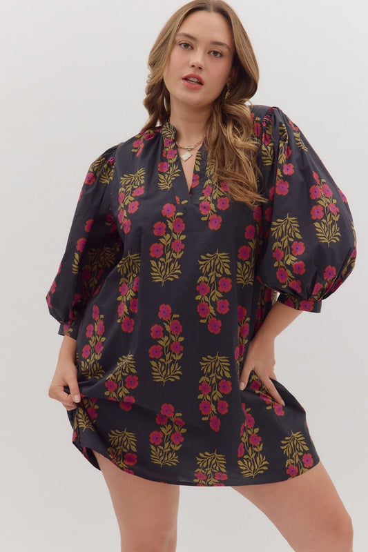 BLACK FLORAL V NECK MINI DRESS