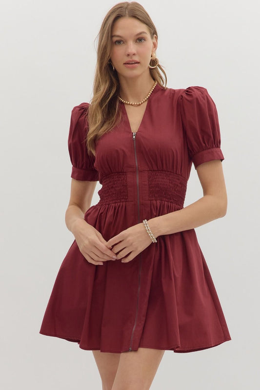 BURGUNDY PUFF SLEEVE V-NECK MINI DRESS W/SMOCKED WAIST & ZIP FRONT