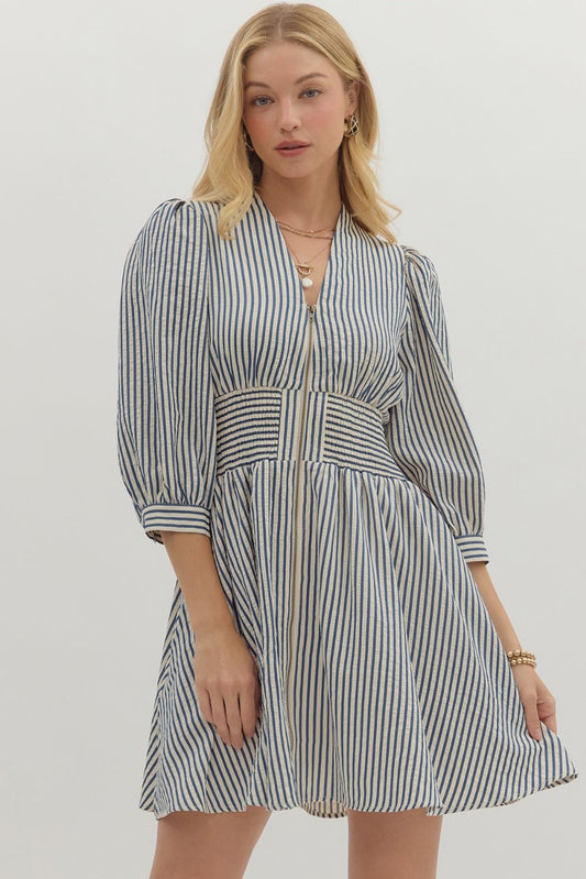 INDIGO STRIPE PATTERN PUFF SLEEVE MINI DRESS WI/SMOCKED WAIST BAND