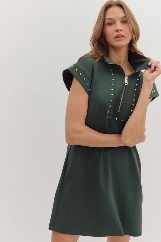 GREEN CAP SLEEVE MINI DRESS WITH GOLD STUDS