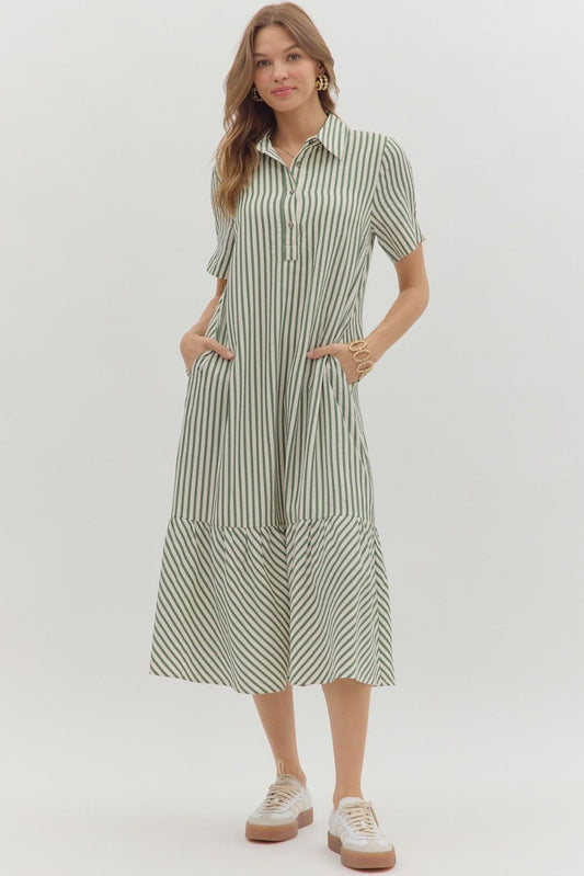 PINE STRIPED PATTERN SEERSUCKER RUFFLE HEM MIDI DRESS