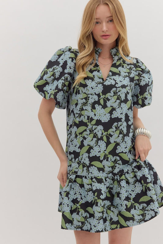V-NECK BLUE FLORAL PUFF SLEEVE DRESS