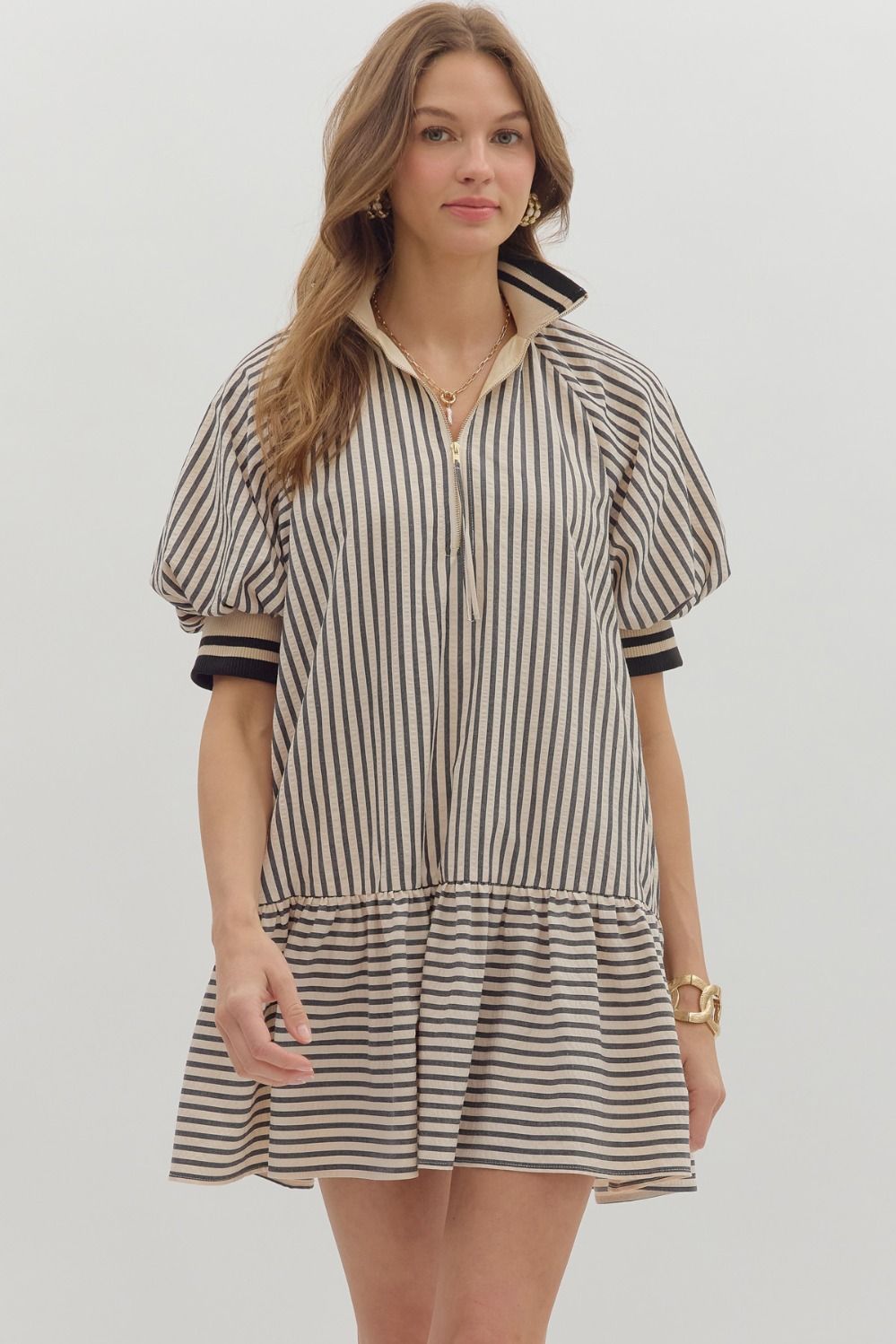 BLACK STRIPED RUFFLE HEM ZIP FRONT MINI DRESS