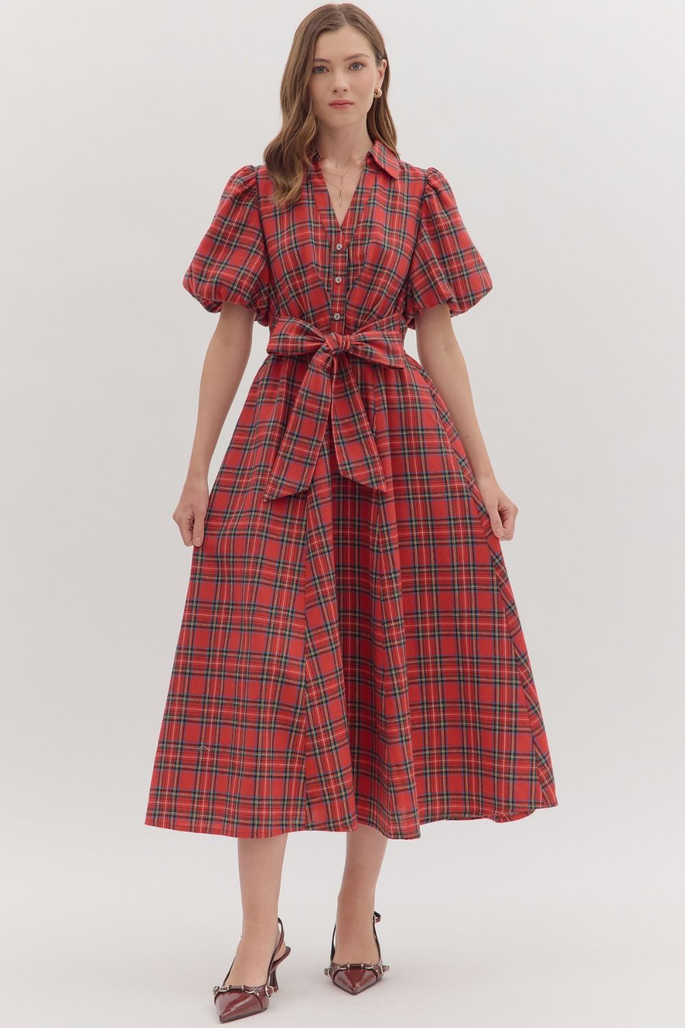 RED PLAID BELTED DRESS