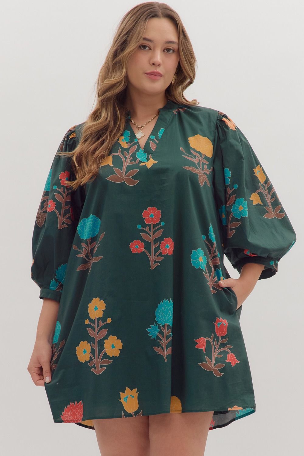 HUNTER GREEN FLORAL 3/4 SLEEVE MINI DRESS