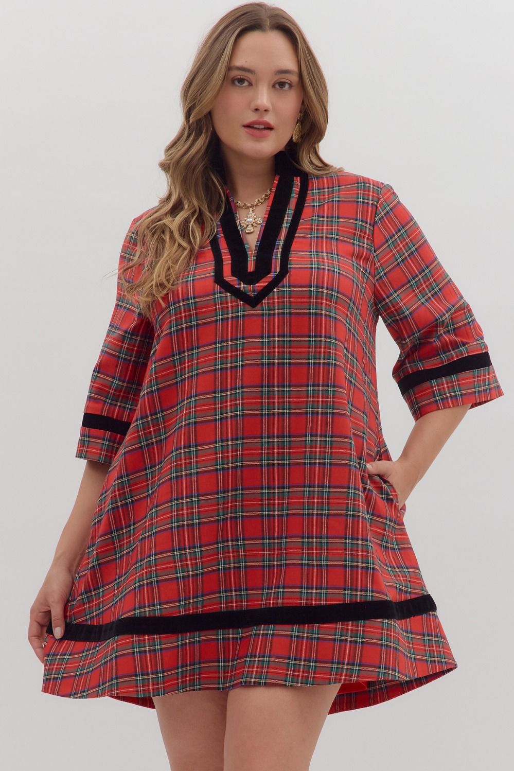 RED PLAID 3/4 SLEEVE MINI DRESS WITH BLACK VELVET TRIM