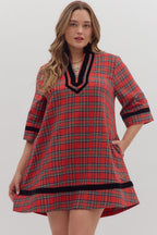 RED PLAID 3/4 SLEEVE MINI DRESS WITH BLACK VELVET TRIM