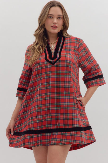 RED PLAID 3/4 SLEEVE MINI DRESS WITH BLACK VELVET TRIM