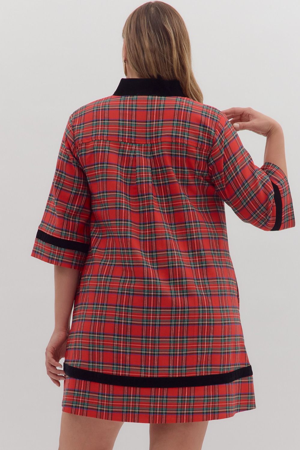 RED PLAID 3/4 SLEEVE MINI DRESS WITH BLACK VELVET TRIM