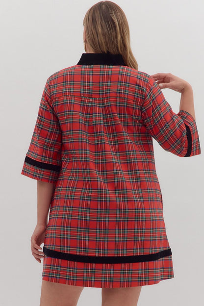 RED PLAID 3/4 SLEEVE MINI DRESS WITH BLACK VELVET TRIM