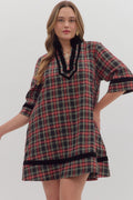 BLACK PLAID 3/4 SLEEVE MINI DRESS WITH VELVET TRIM