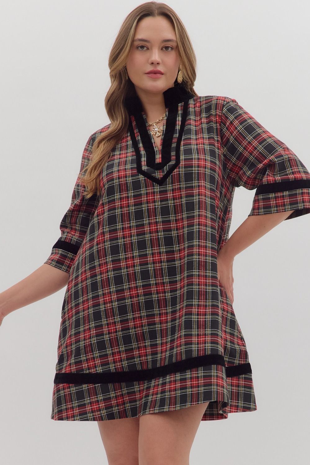 PLAID 3/4 SLEEVE DRESS WITH BLACK VELVET CONTRAST DETAIL