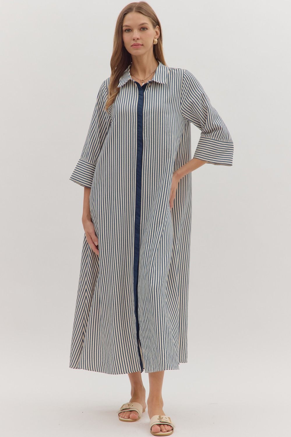 INDIGO 3/4 SLEEVE STRIPED SHIRT COLLAR MIDI DRESS